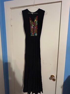 Black Maxi Dress with Multicolor Floral Embroidery